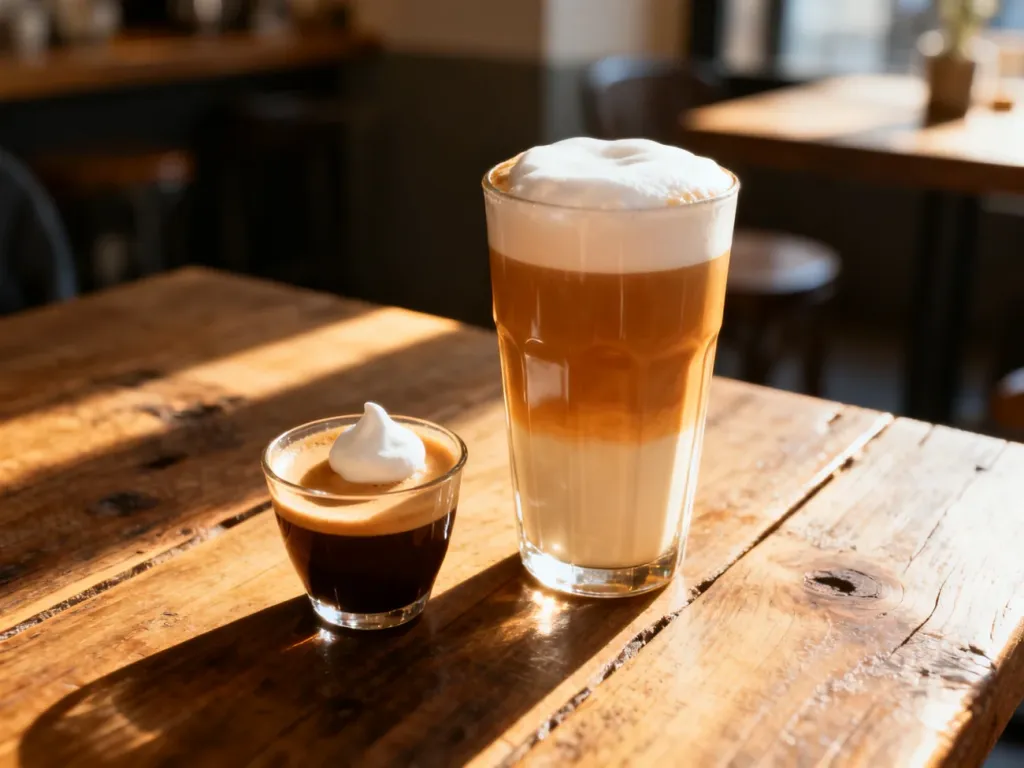 Porównanie caffe macchiato w małej szklance oraz latte macchiato z wyraźnymi warstwami mleka i kawy na drewnianym stole.
