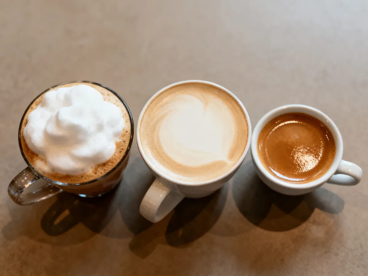 Cappuccino, latte i flat white ustawione obok siebie