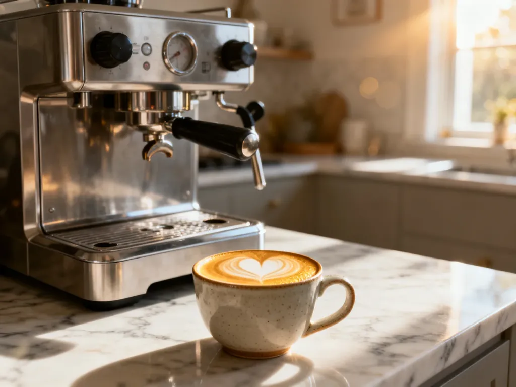 Nowoczesny ekspres do kawy na marmurowym blacie z filiżanką świeżego espresso z latte art w promieniach porannego słońca.