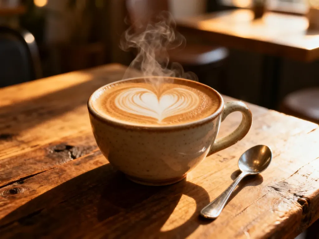 Parująca filiżanka latte z serduszkiem z pianki na drewnianym stole w przytulnej kawiarni.
