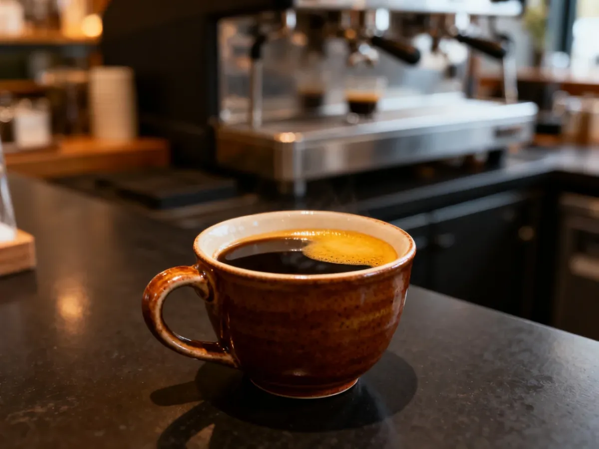 Filiżanka long black z wyraźną cremą na powierzchni