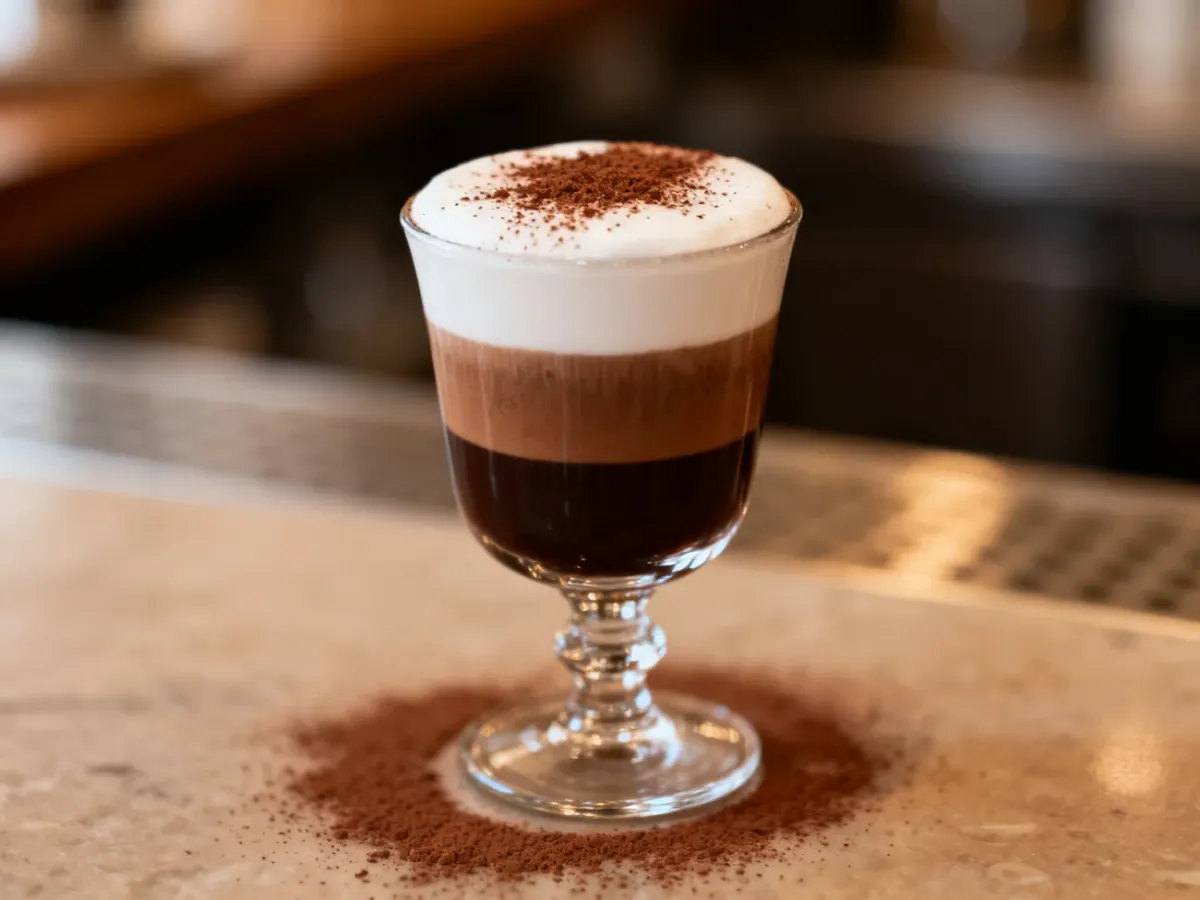 Warstwowa kawa marocchino z espresso, kakao i mleczną pianką