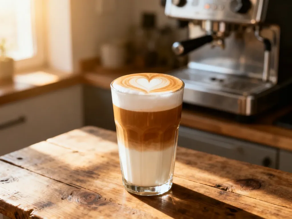 Wysoka szklanka latte macchiato z wyraźnymi warstwami mleka i kawy oraz wzorem serca na piance, stojąca na drewnianym stole.