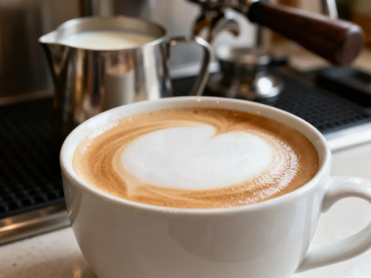 Cappuccino z gładką mikropianką w podgrzanej porcelanowej filiżance