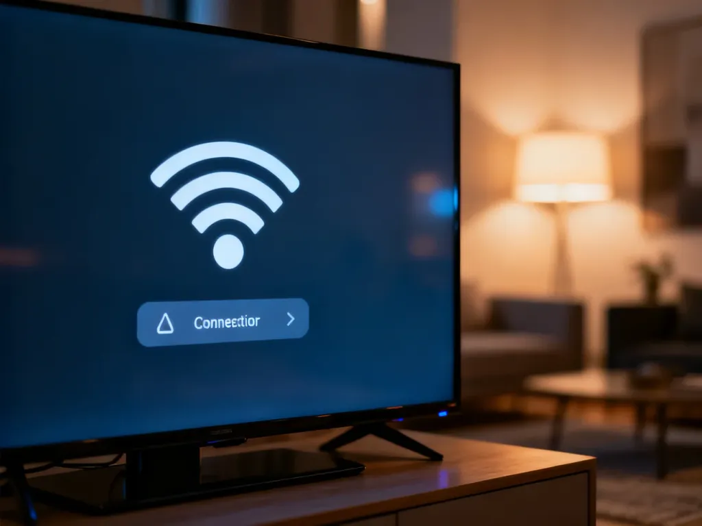 Ekran telewizora Samsung z symbolem błędu połączenia Wi-Fi w przytulnym salonie.