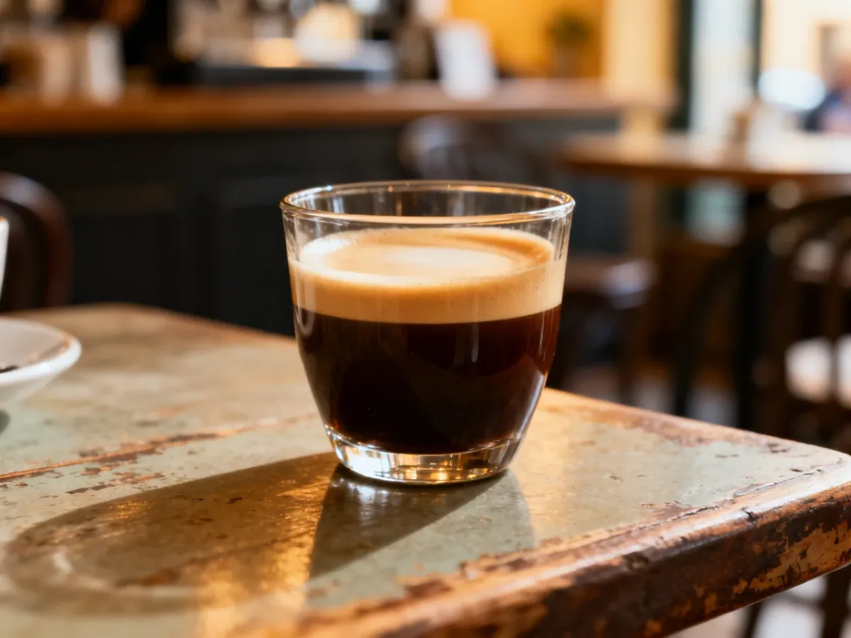 Mała szklanka hiszpańskiej kawy cortado z cienką warstwą mlecznej pianki