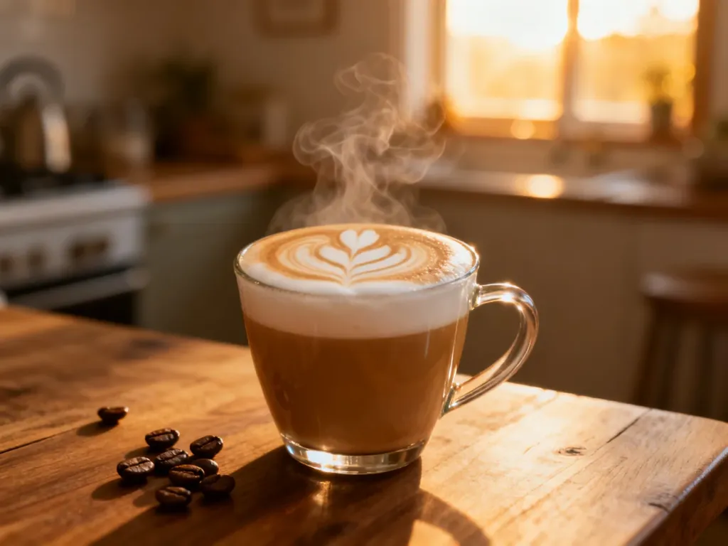 Parująca szklanka latte z artystycznym wzorem na piance, stojąca na drewnianym stole z ziarnami kawy w przytulnej kuchni.