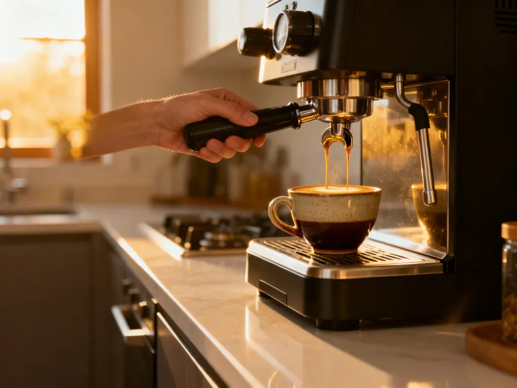 Profesjonalny ekspres ciśnieniowy parzący espresso z gęstą cremą w nowoczesnej kuchni.