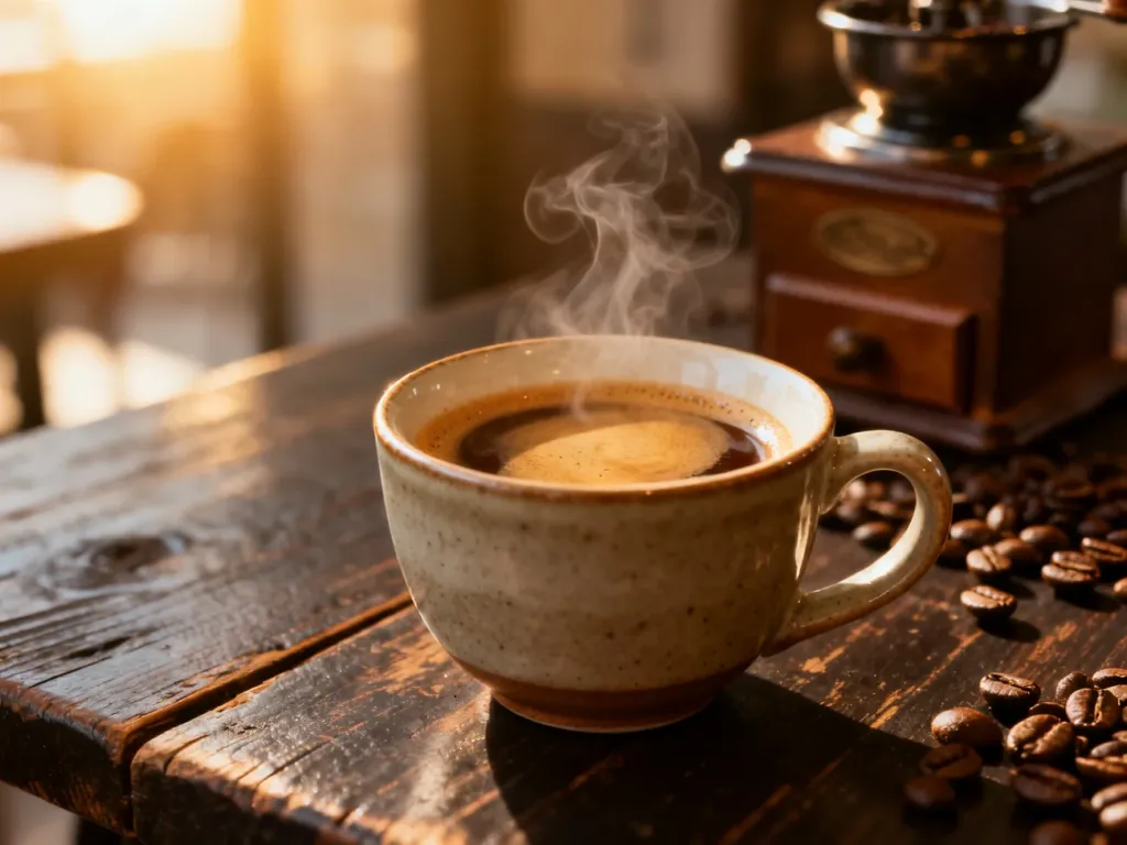 Filiżanka świeżego espresso z unoszącą się parą na drewnianym stole, w otoczeniu ziaren kawy i młynka.