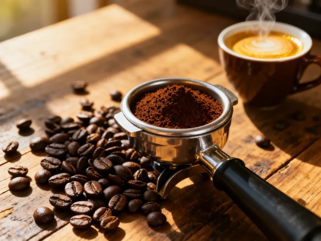 Profesjonalny kolbowy portafilter z ubitą kawą na tle ziaren i filiżanki espresso, gotowy do parzenia idealnego napoju.