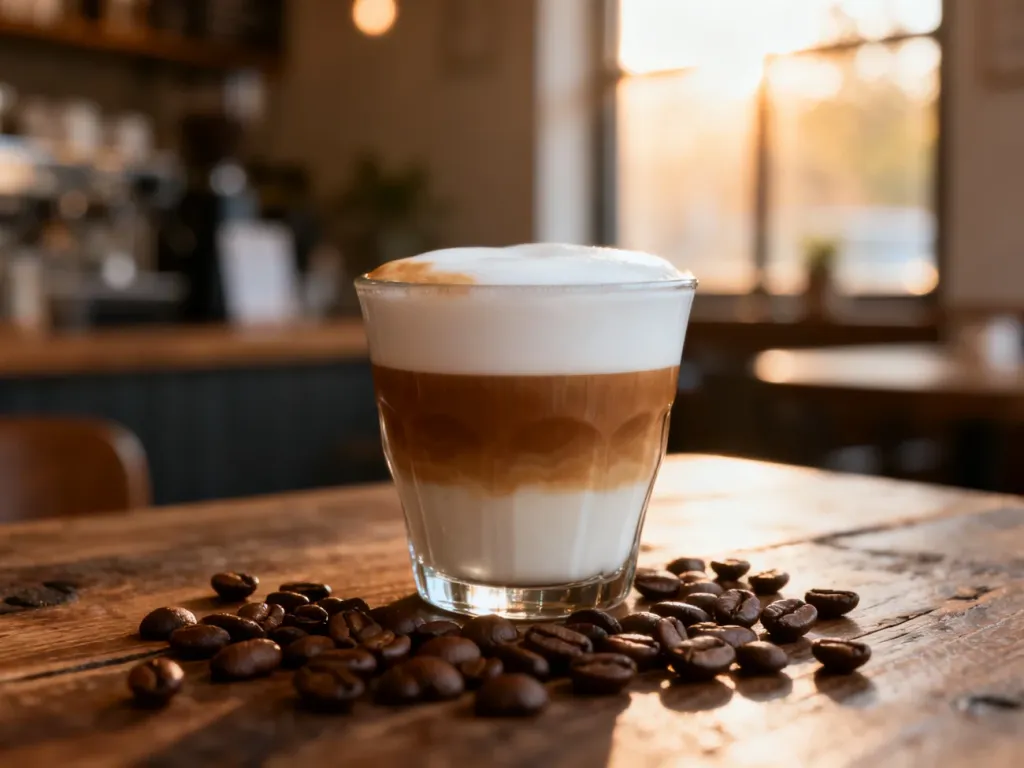 Cortado w szklance z widocznymi warstwami espresso i mlecznej pianki na drewnianym stole w przytulnej kawiarni.