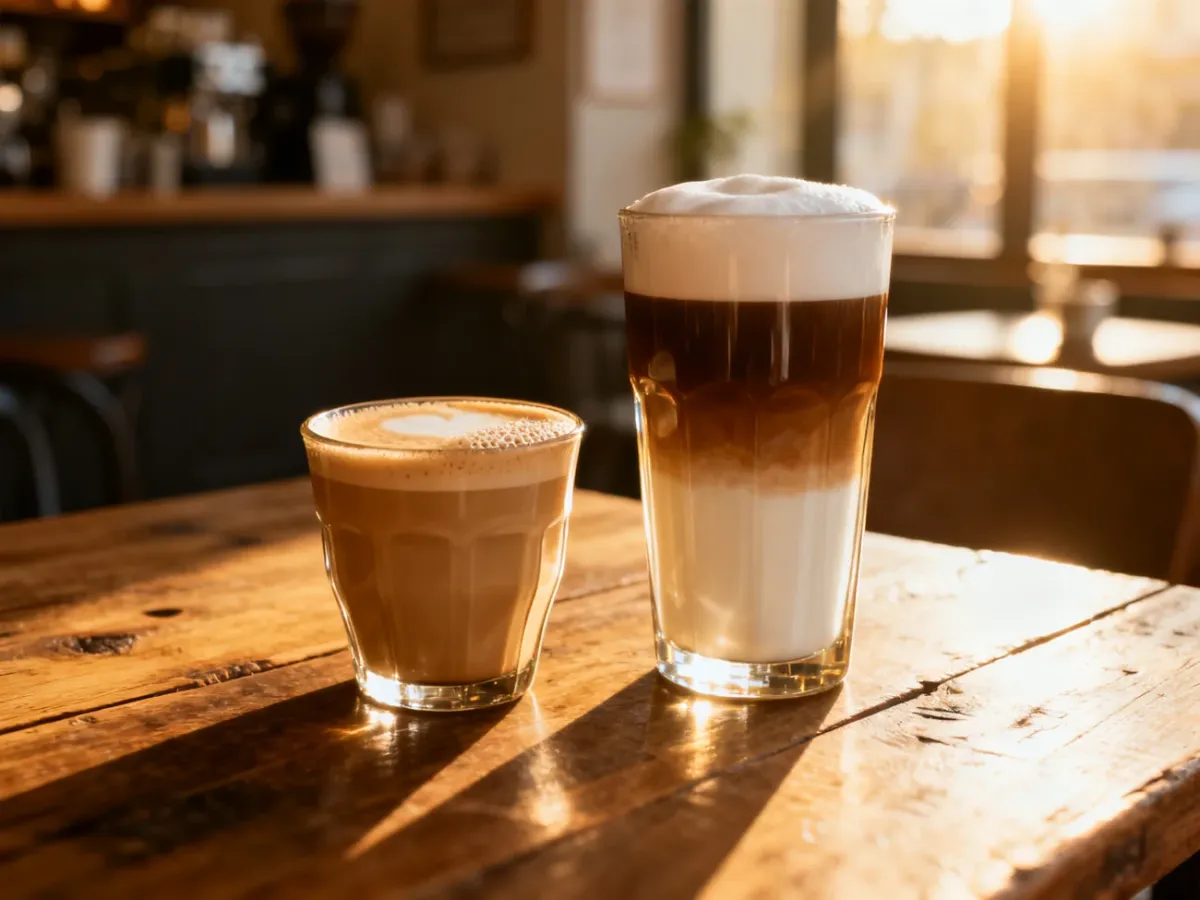 Porównanie caffe latte i latte macchiato w szklankach na drewnianym stole, ukazujące różnice w warstwach napojów.