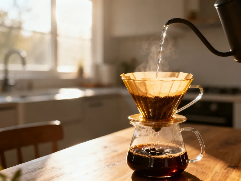 Szklany dripper z kawą podczas procesu parzenia metodą pour-over w przytulnej, słonecznej kuchni.