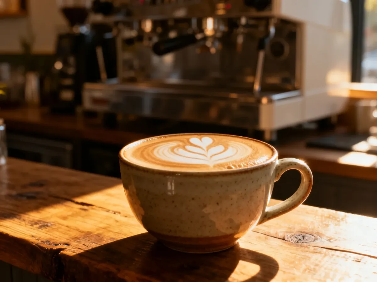 Idealnie przygotowane cappuccino z latte art w ceramicznej filiżance na drewnianym stole w przytulnej kawiarni.