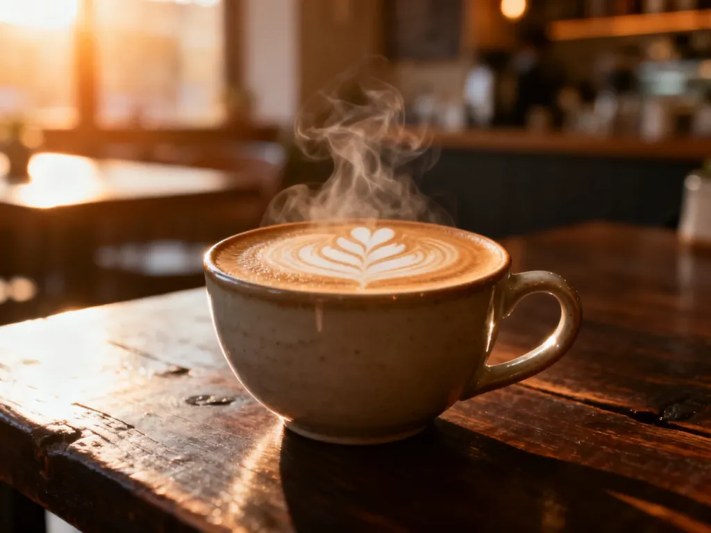 Parująca filiżanka cappuccino z latte art na drewnianym stole w przytulnej kawiarni.