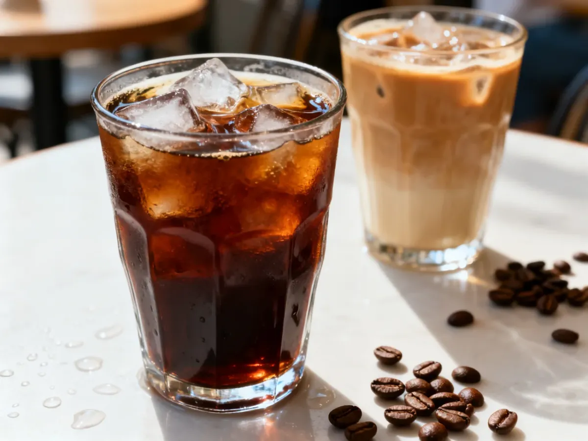Dwie szklanki zimnej kawy: cold brew i kawa mrożona
