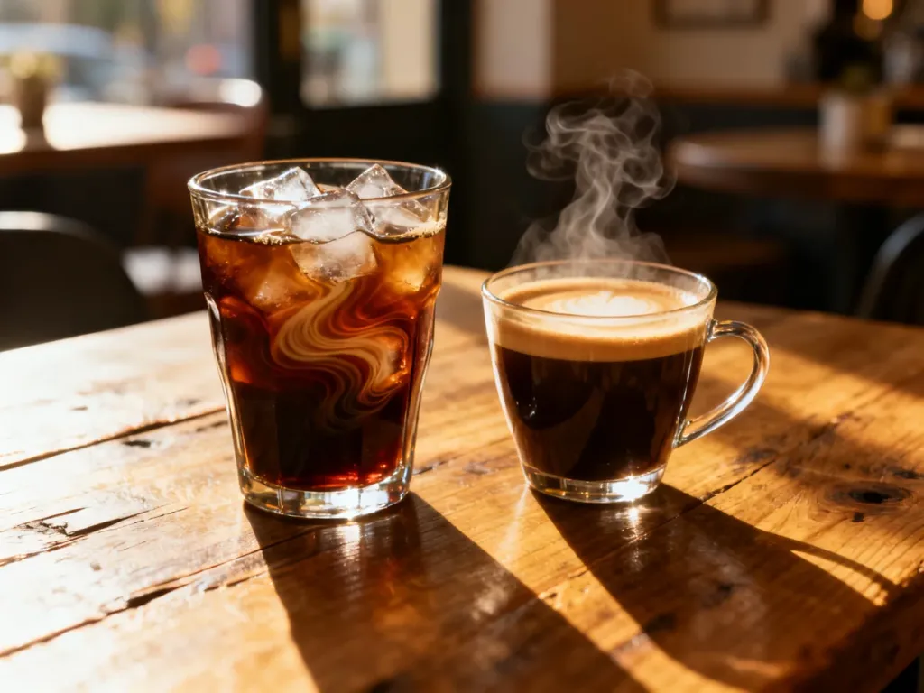 Szklanka mrożonego cold brew z lodem obok parującej filiżanki gorącej kawy na drewnianym stole w kawiarni.