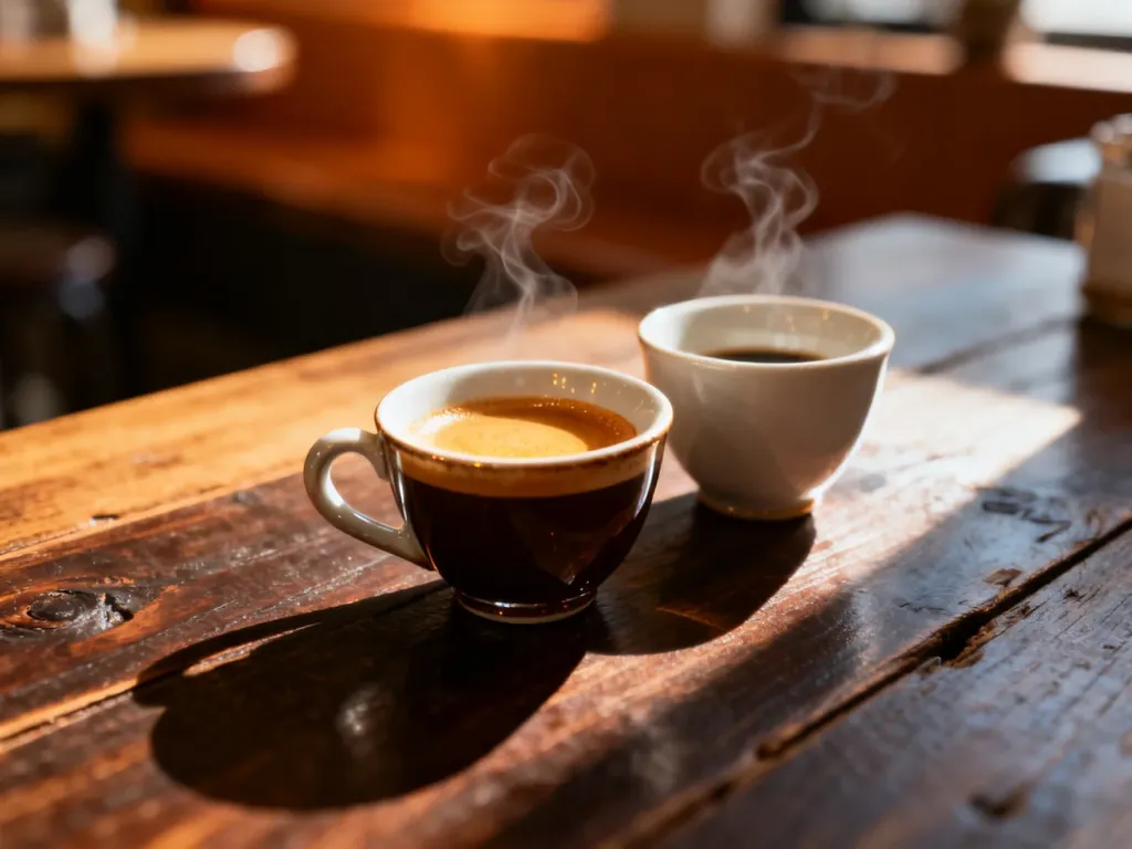 Dwie filiżanki z espresso i ristretto na drewnianym stole w kawiarni, ukazujące różnice w konsystencji i cremie kawy.