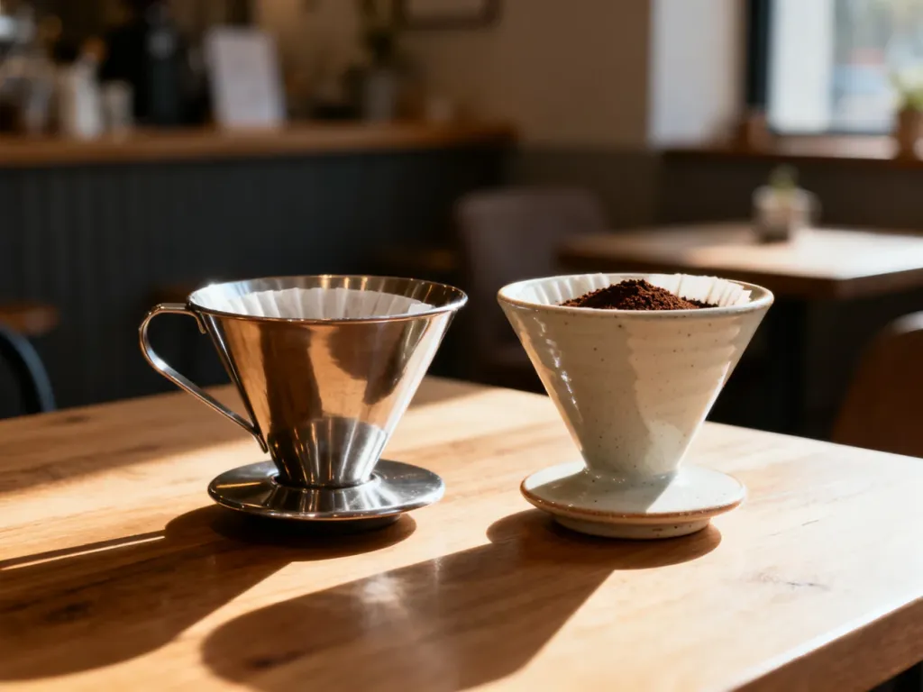 Metalowy dripper z płaskim dnem oraz ceramiczny dripper stożkowy stojące obok siebie na drewnianym stole.