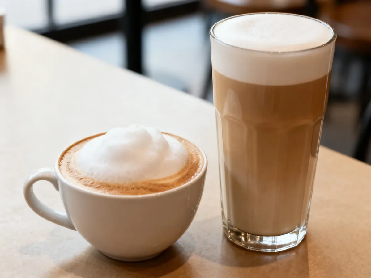 Cappuccino i caffe latte ustawione obok siebie, ukazujące różnicę w ilości mleka i pianki