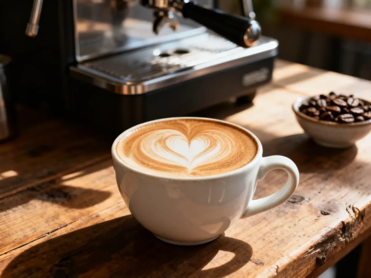 Domowe cappuccino w białej filiżance z wzorem serca na piance, ustawione na drewnianym stole w promieniach porannego słońca.