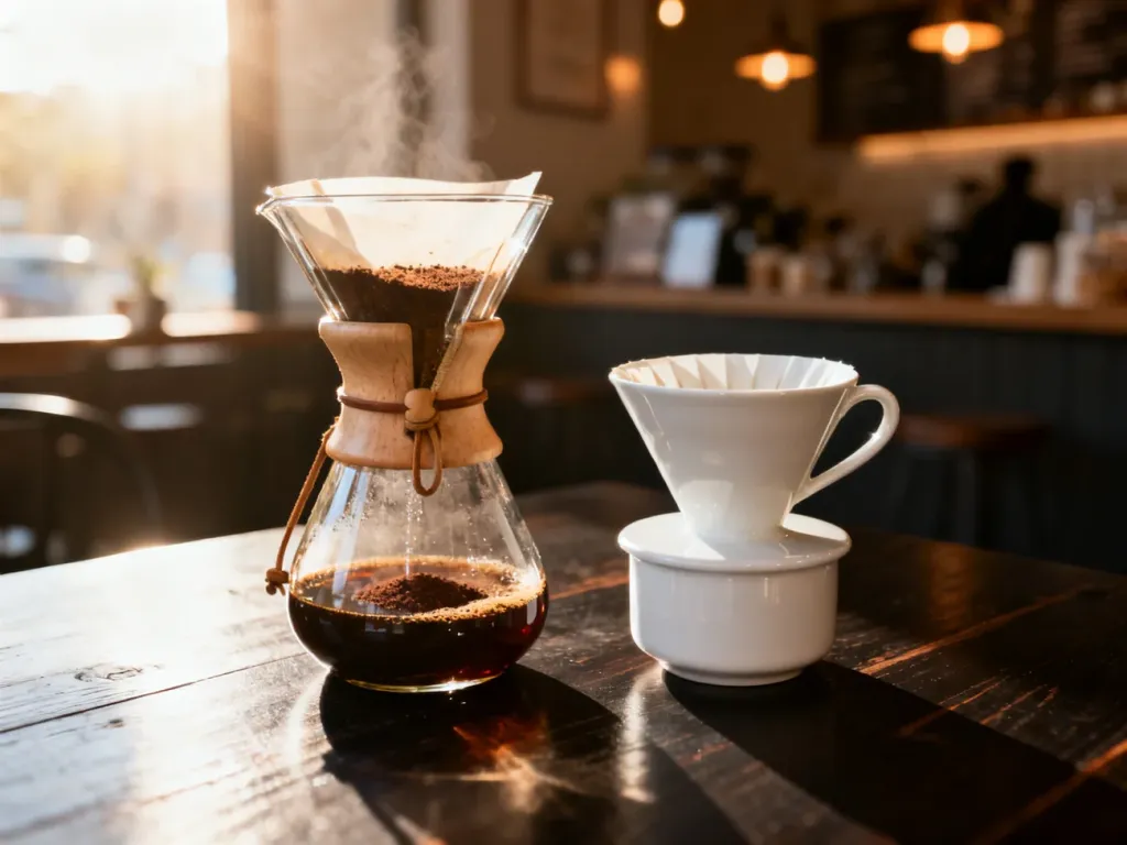Szklany Chemex i ceramiczny dripper V60 ustawione obok siebie na drewnianym stole w promieniach porannego słońca.