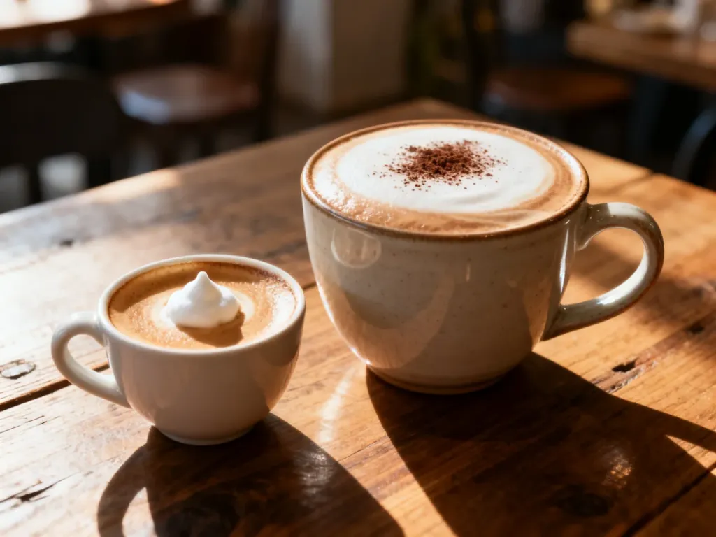 Porównanie macchiato z niewielką ilością pianki oraz cappuccino z grubą warstwą mlecznej pianki i kakao na drewnianym stole.