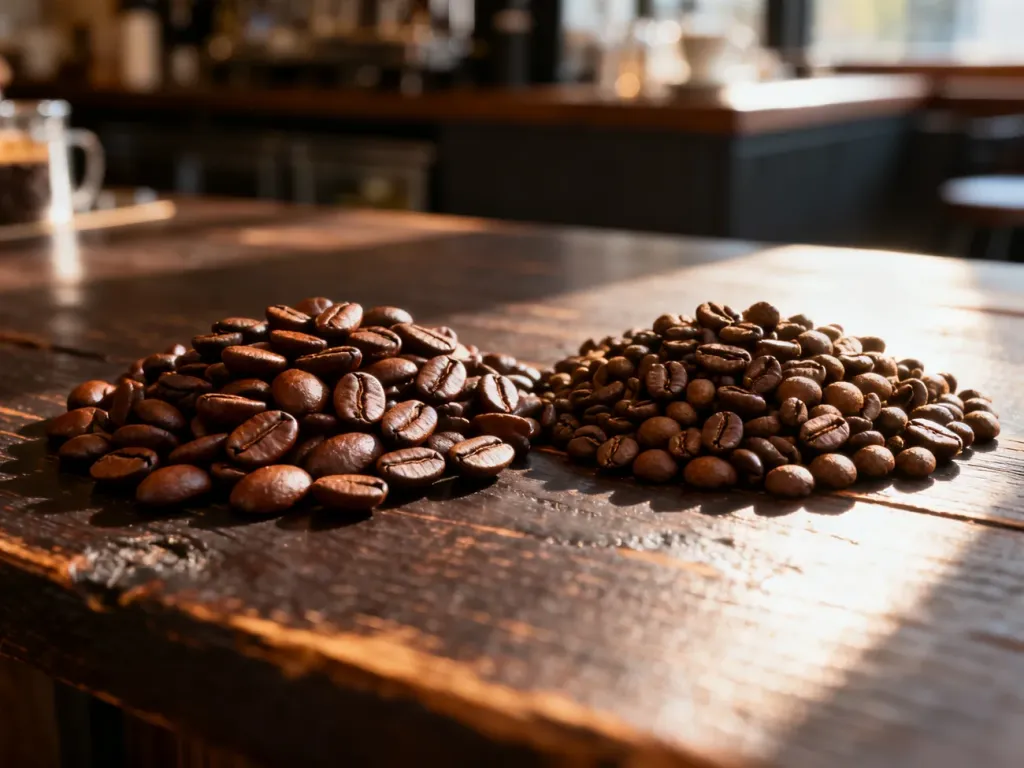 Porównanie ziaren kawy arabika i robusta ułożonych obok siebie na drewnianym stole.