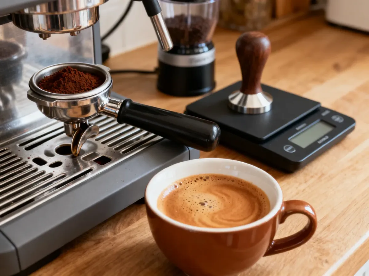 Domowy barista przygotowujący doppio w ekspresie ciśnieniowym