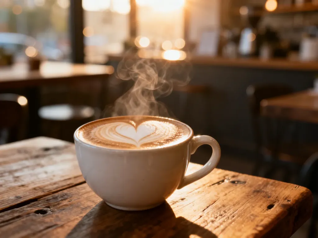 Idealnie przygotowane cappuccino w białej filiżance z wzorem serca z pianki na drewnianym stole w przytulnej kawiarni.
