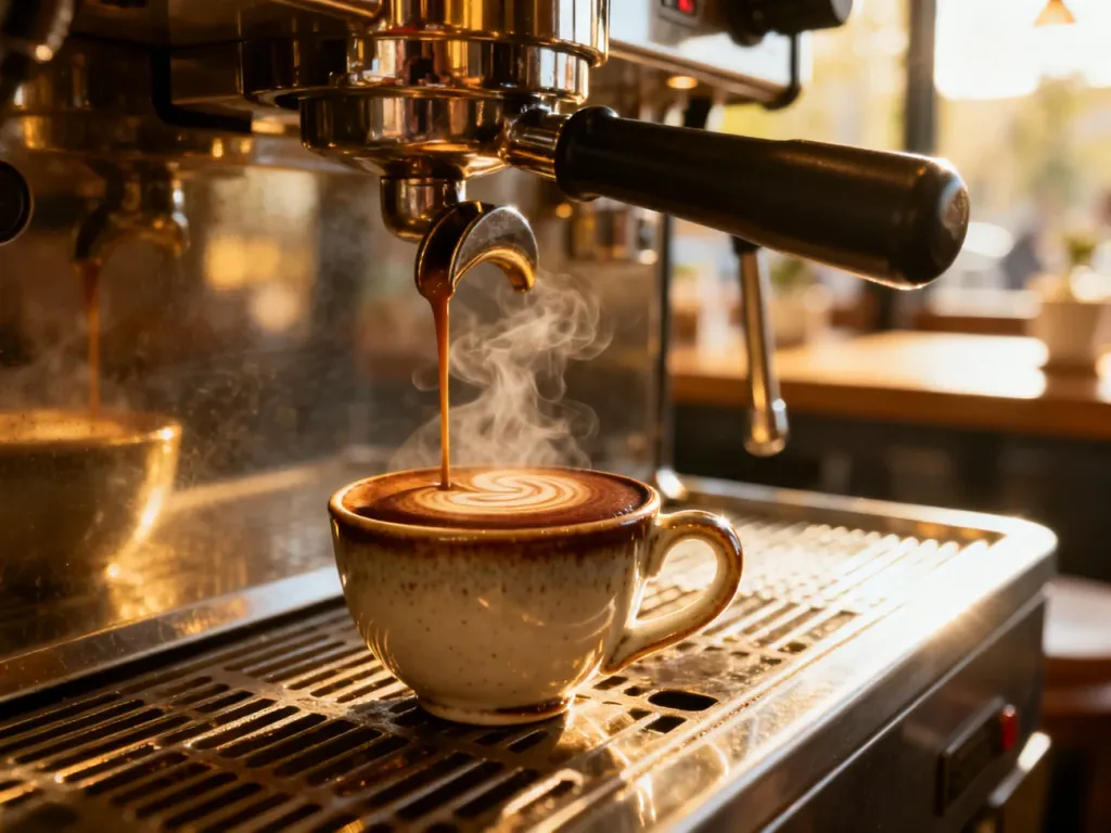 Podwójne espresso wlewa się do eleganckiej filiżanki, tworząc gęstą cremę w słonecznej kawiarni.
