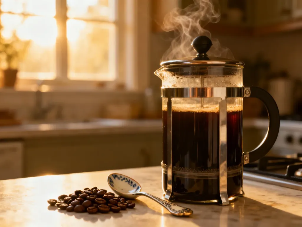 French press z zaparzoną kawą, obok ziarna kawy i łyżeczka w przytulnej, słonecznej kuchni.