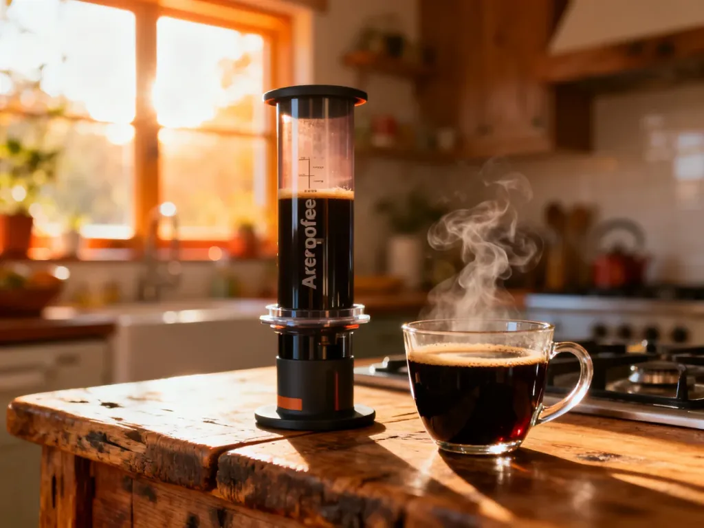 Aeropress na drewnianym blacie obok filiżanki świeżo zaparzonej, parującej kawy w przytulnej kuchni.