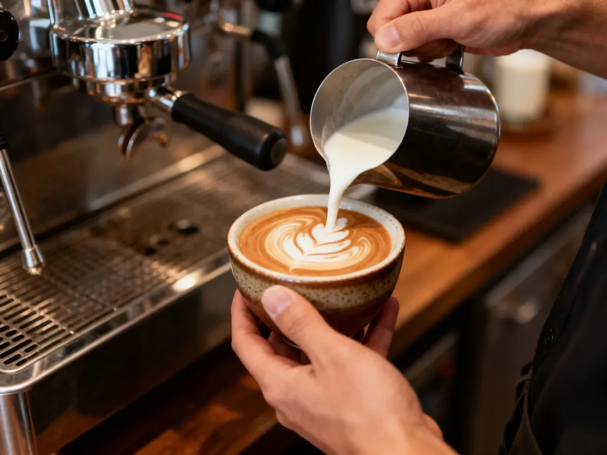 Barista spienia mleko i wlewa je do filiżanki espresso