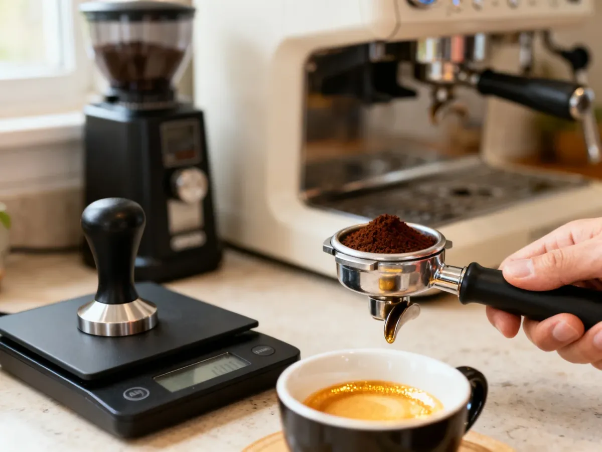 Ręczne przygotowywanie espresso w ekspresie kolbowym z użyciem kolby, tampera i wagi