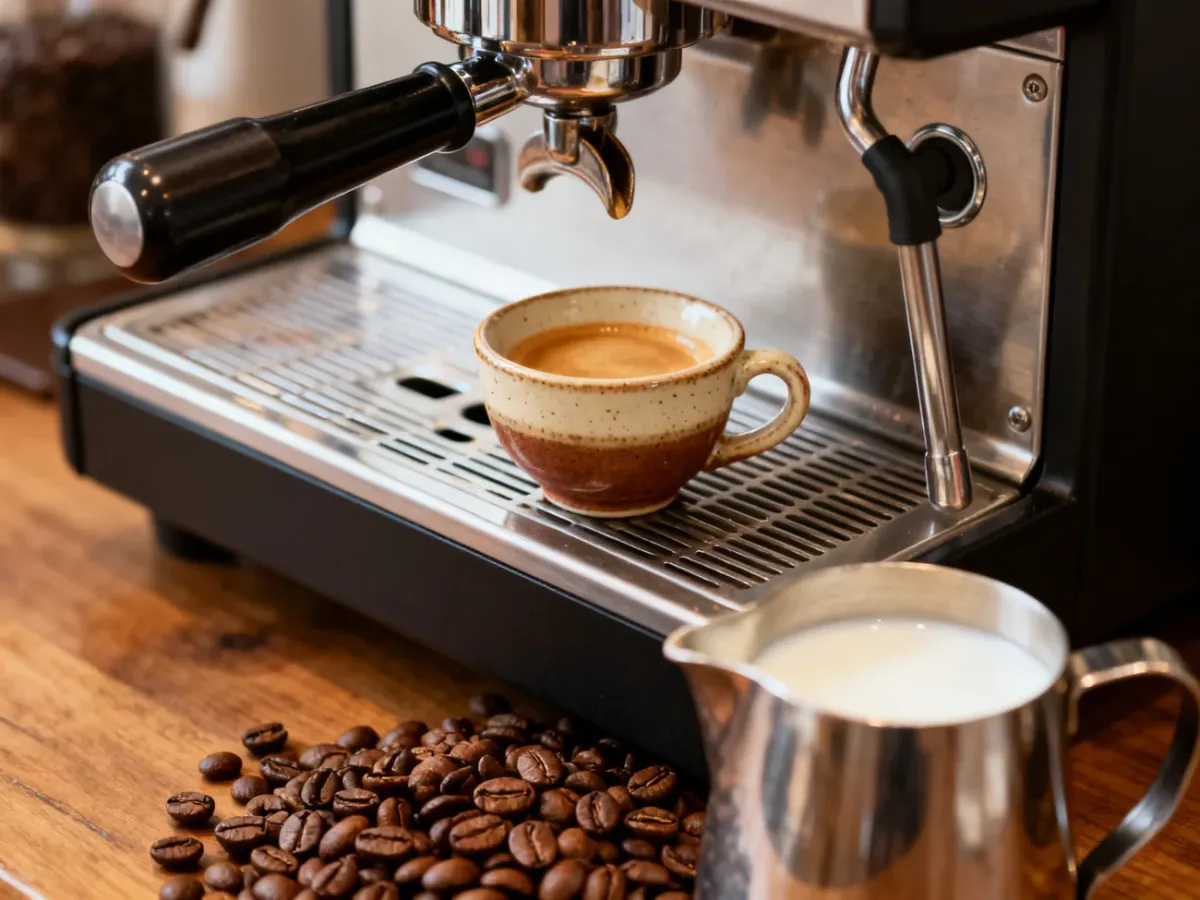 Espresso przygotowane w ekspresie obok ziaren kawy i dzbanka do mleka