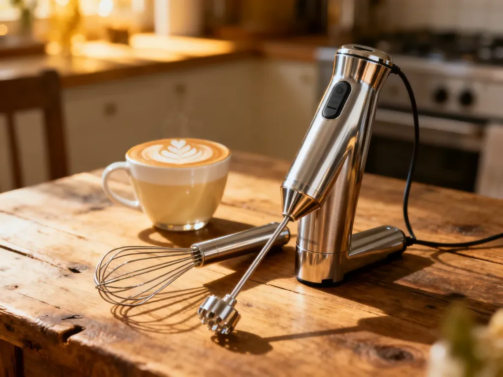 Elektryczny spieniacz ze stali nierdzewnej oraz ręczna trzepaczka na drewnianym stole obok filiżanki cappuccino.