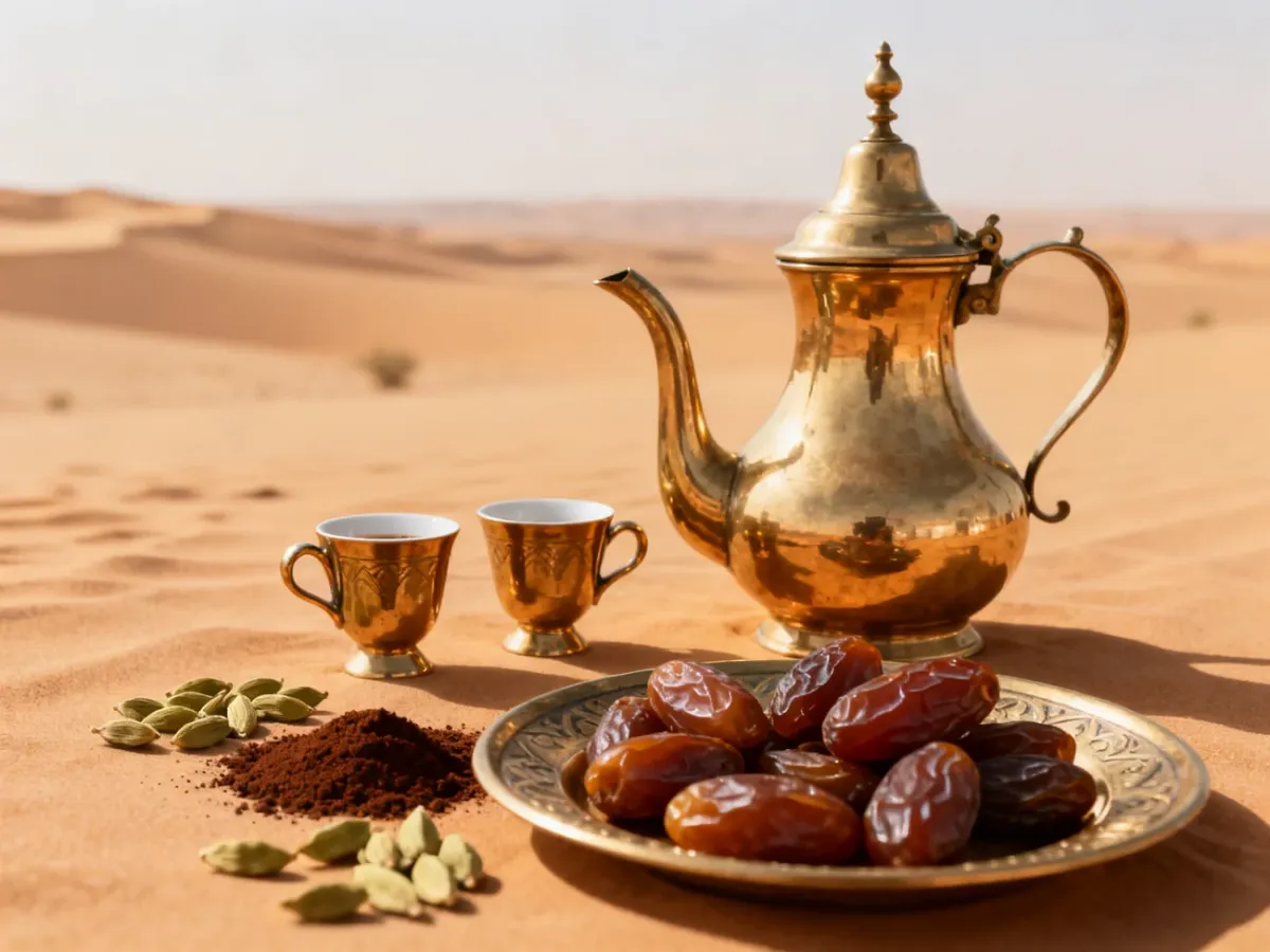 Tradycyjny zestaw do podawania kawy arabskiej z dzbankiem, filiżankami i daktylami