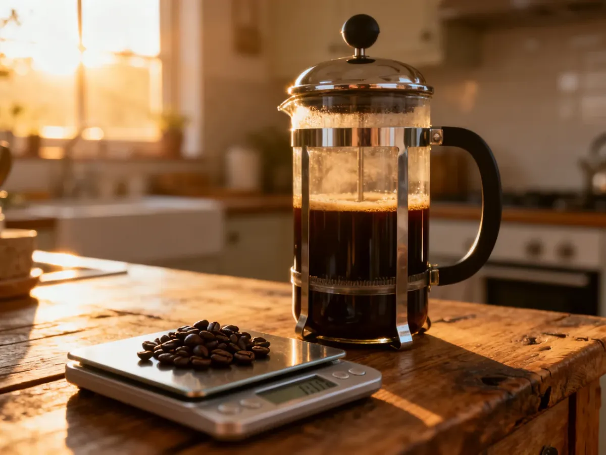French press z zaparzoną kawą na drewnianym blacie obok wagi kuchennej i ziaren kawy. Idealna propozycja do parzenia naparu.