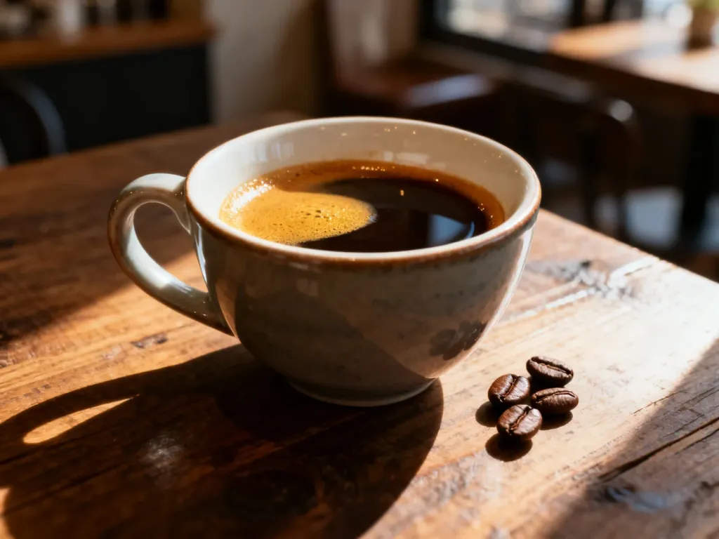 Filiżanka espresso z gęstą cremą i rozsypane ziarna kawy na drewnianym stole w przytulnej kawiarni.