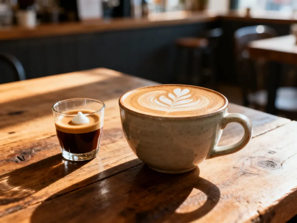 Porównanie macchiato w szklance oraz flat white z latte art w ceramicznej filiżance na drewnianym stole.