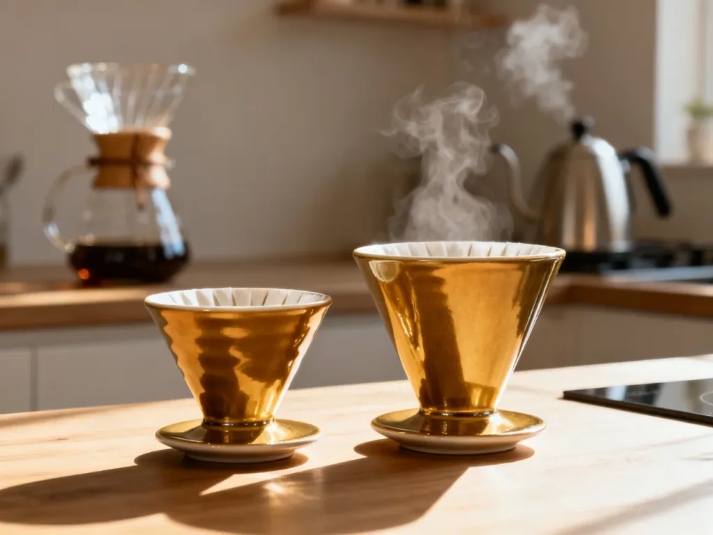 Porównanie ceramicznych dripperów Hario V60 w rozmiarach 01 i 02 ustawionych obok siebie na drewnianym blacie.