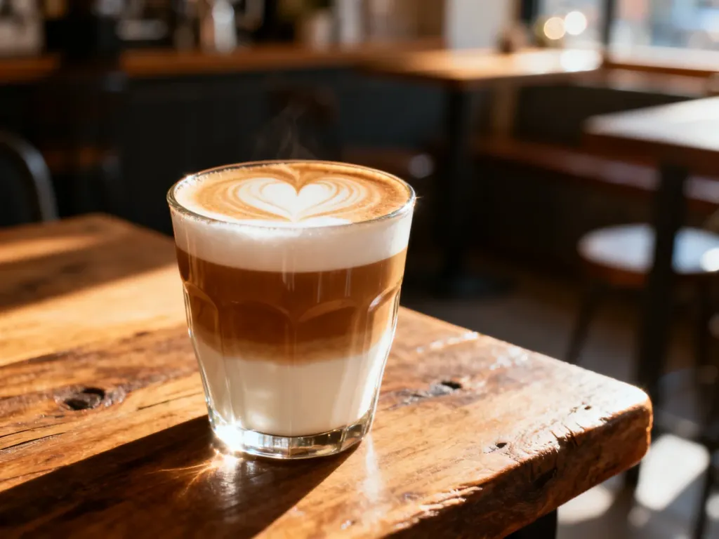 Szklanka caffe latte z serduszkiem z pianki na drewnianym stole w przytulnej kawiarni w promieniach porannego słońca.