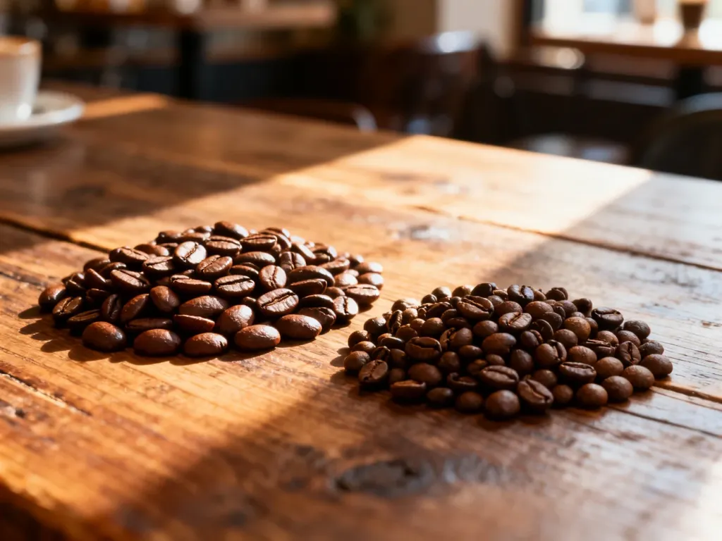 Porównanie ziaren kawy Arabica i Robusta leżących obok siebie na drewnianym stole w świetle poranka.