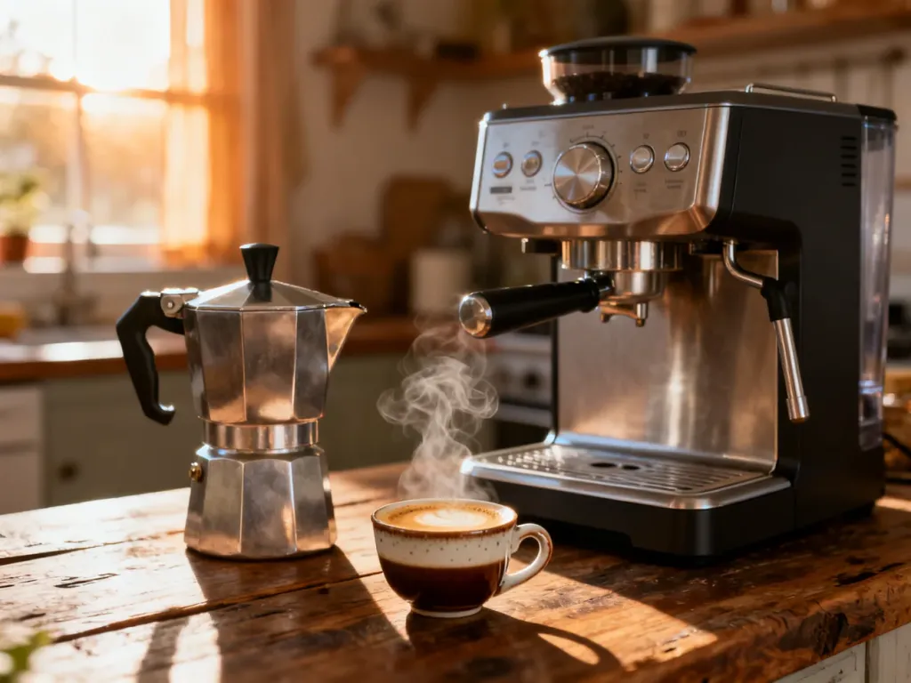 Klasyczna kawiarka i nowoczesny ekspres do kawy stojące obok siebie na drewnianym blacie, z filiżanką świeżego espresso.