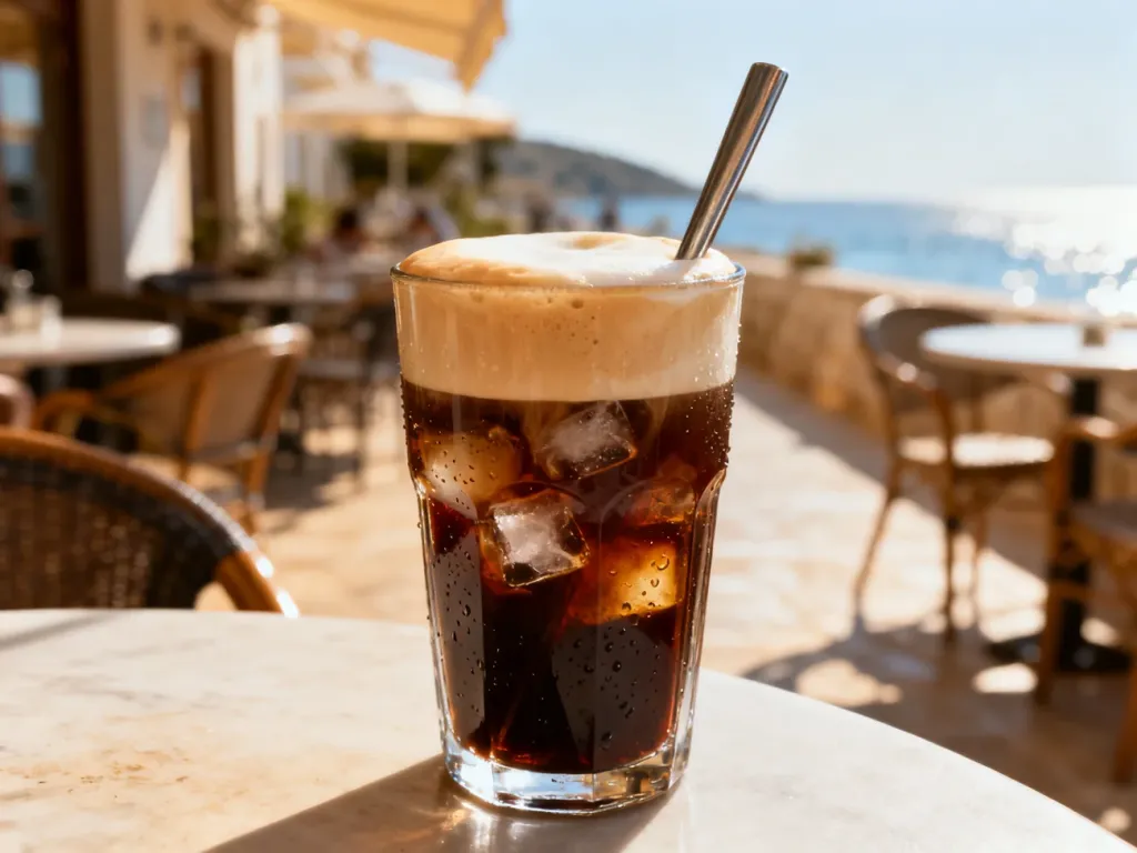 Szklanka mrożonego Freddo cappuccino z gęstą pianką i kostkami lodu na tle słonecznego tarasu kawiarni.