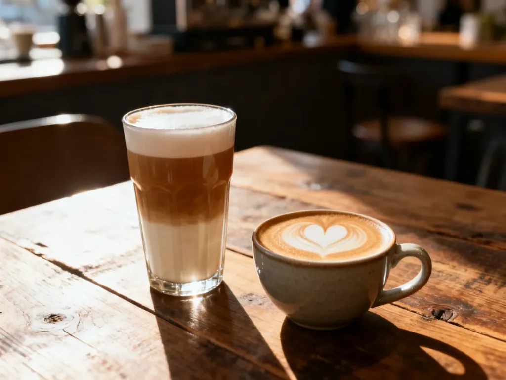 Porównanie caffe latte w szklance oraz flat white z wzorem serca na drewnianym stole w kawiarni.