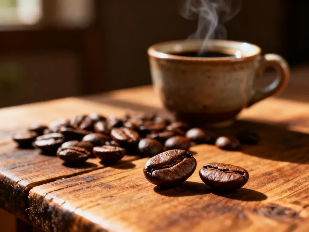 Ziarna palonej kawy Arabica na drewnianym stole obok filiżanki parzącego się napoju w porannym świetle.