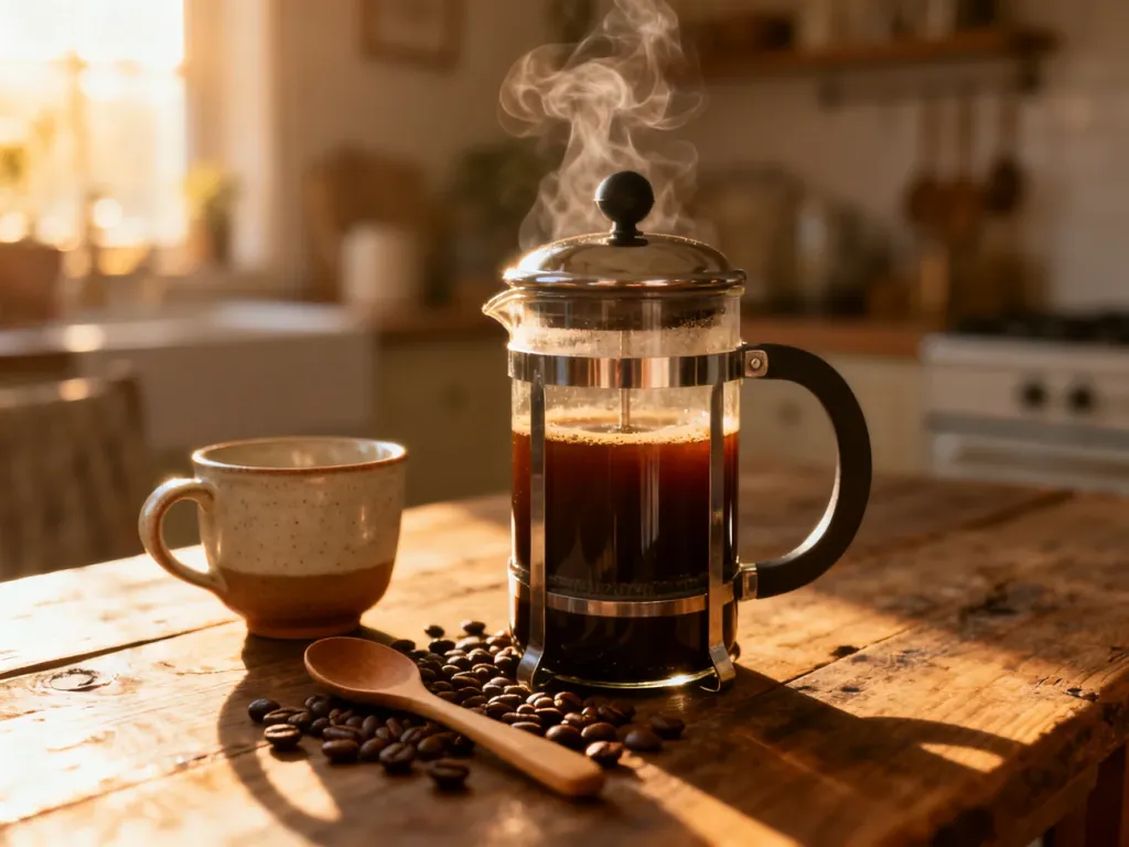 Zaparzona kawa w zaparzaczu typu French press oraz filiżanka z ziarnami kawy na drewnianym stole w przytulnej kuchni.