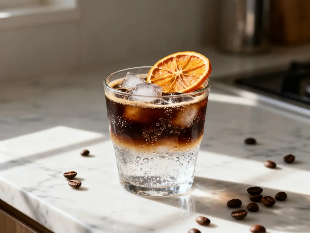 Orzeźwiające espresso tonic w szklance z lodem i suszoną pomarańczą, ustawione na marmurowym blacie.